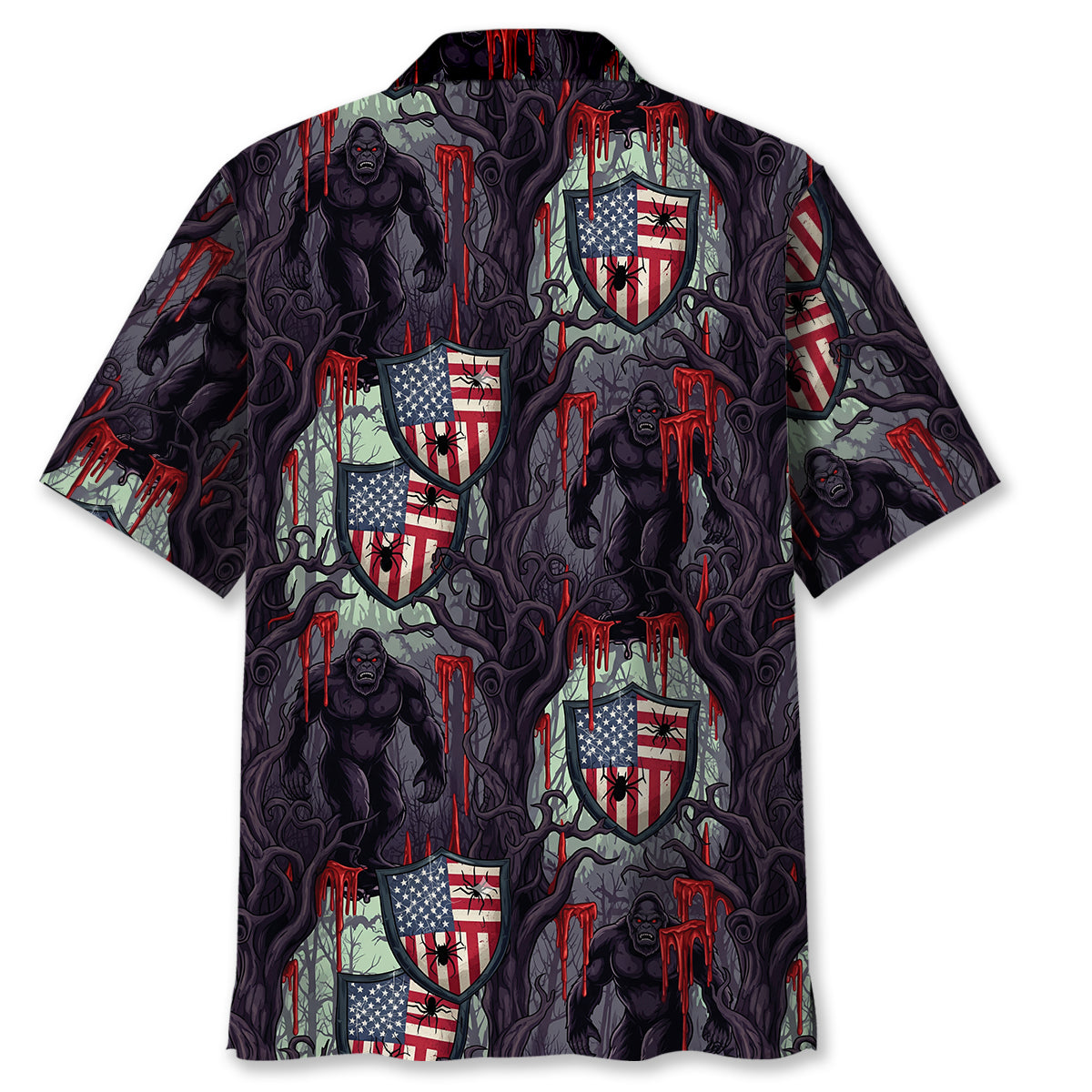 Bigfoot Dark Forest Horror Hawaiian Shirt Close-up detail of the Bigfoot Dark Forest horror Hawaiian shirt highlighting the artistic elements and color contrast.