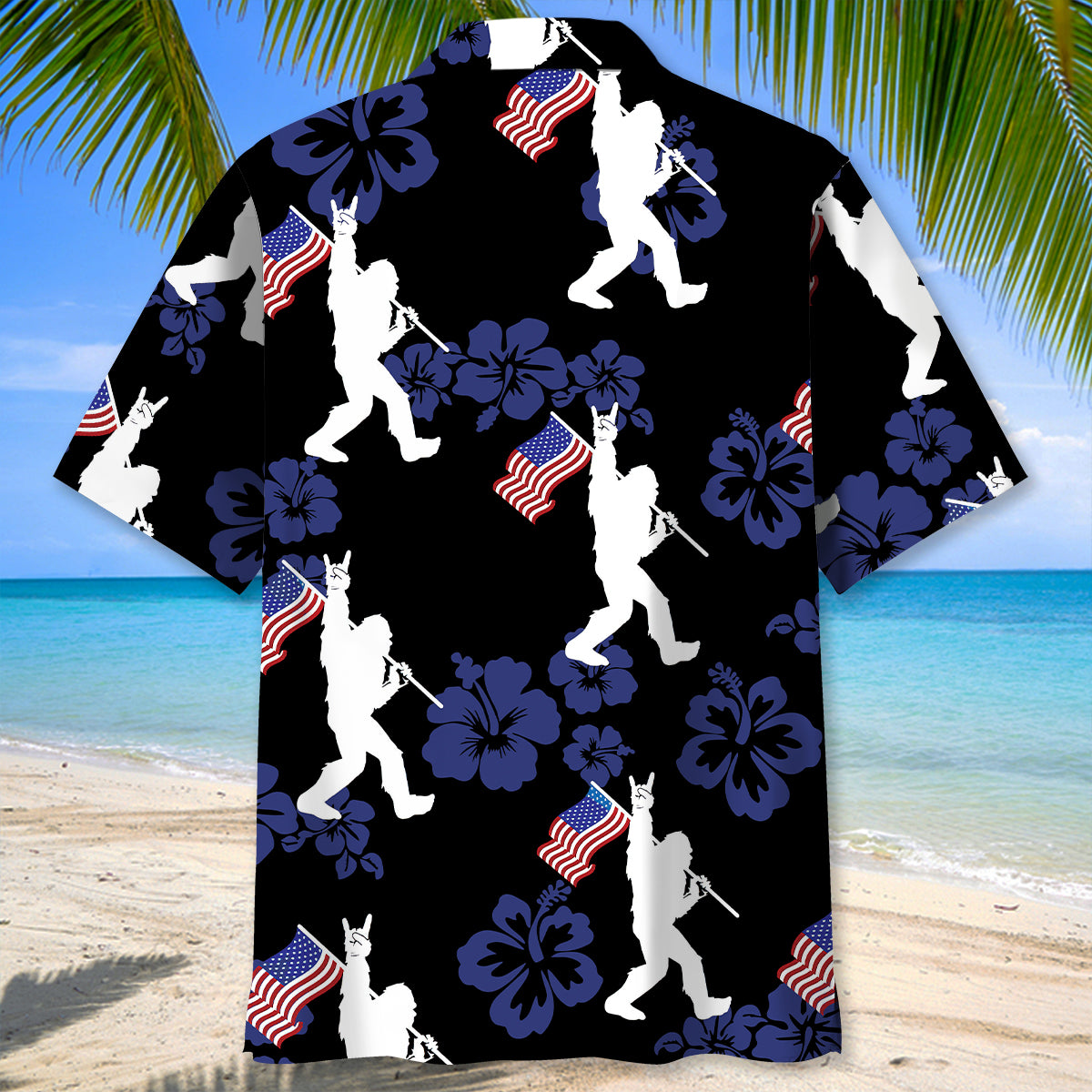 Patriotic Bigfoot USA Flag Hawaiian Shirt Lifestyle shot of a person wearing the patriotic bigfoot USA flag Hawaiian shirt at a beach barbecue, enjoying summer vibes.