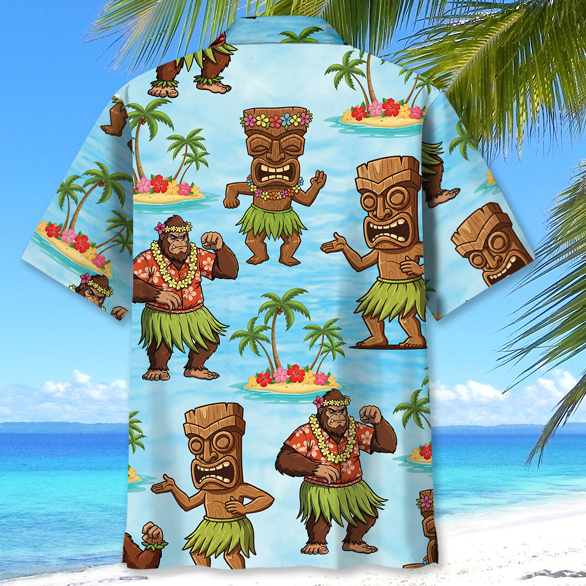 Hula Bigfoot Tiki Dancing Hawaiian Shirt Lifestyle shot of a person wearing the hula bigfoot tiki Hawaiian shirt at a beach party, embodying summer vibes.