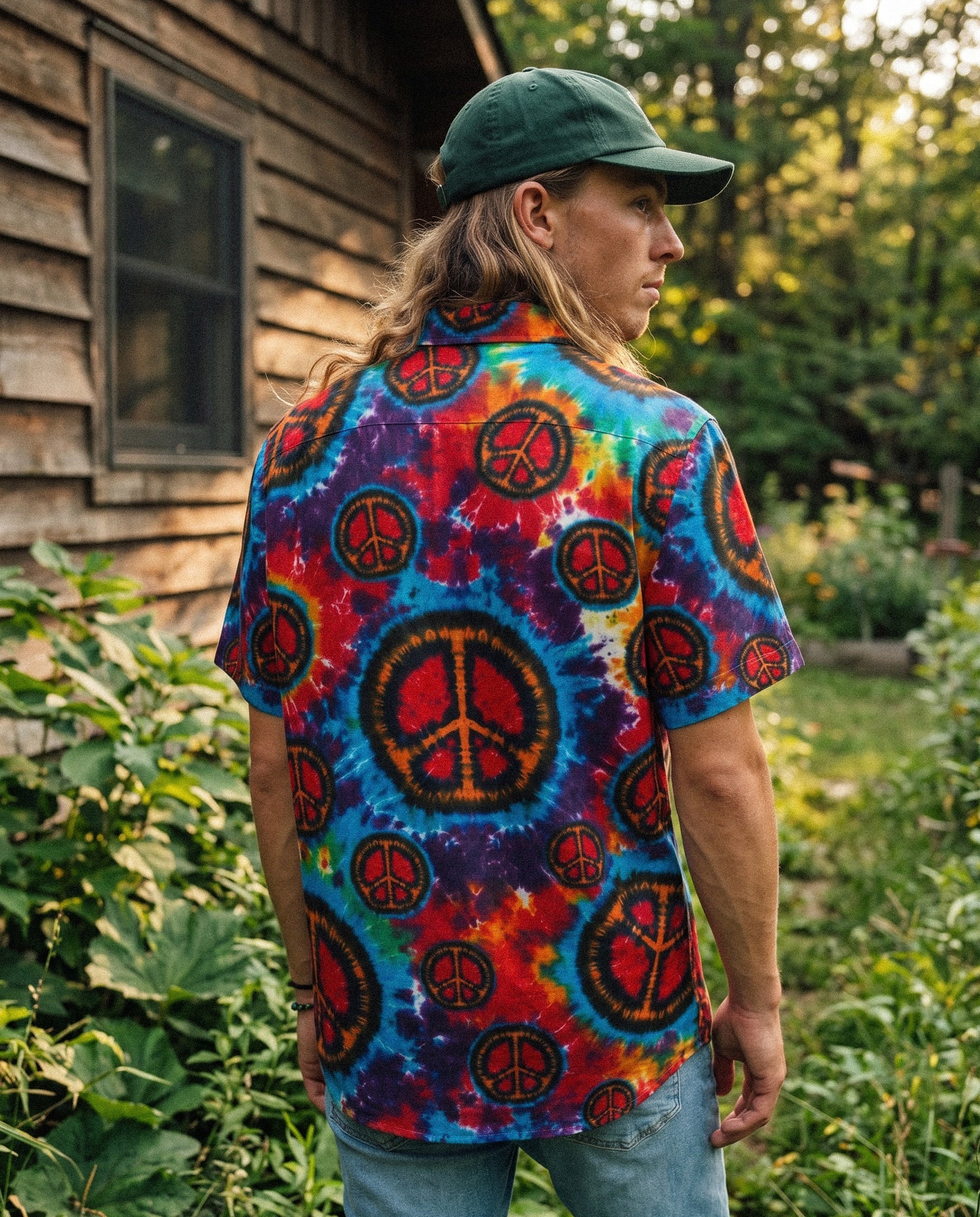 Rainbow Peace Burst Button-Down Collar Shirt Model wearing the rainbow peace burst button-down shirt against a bright outdoor backdrop.