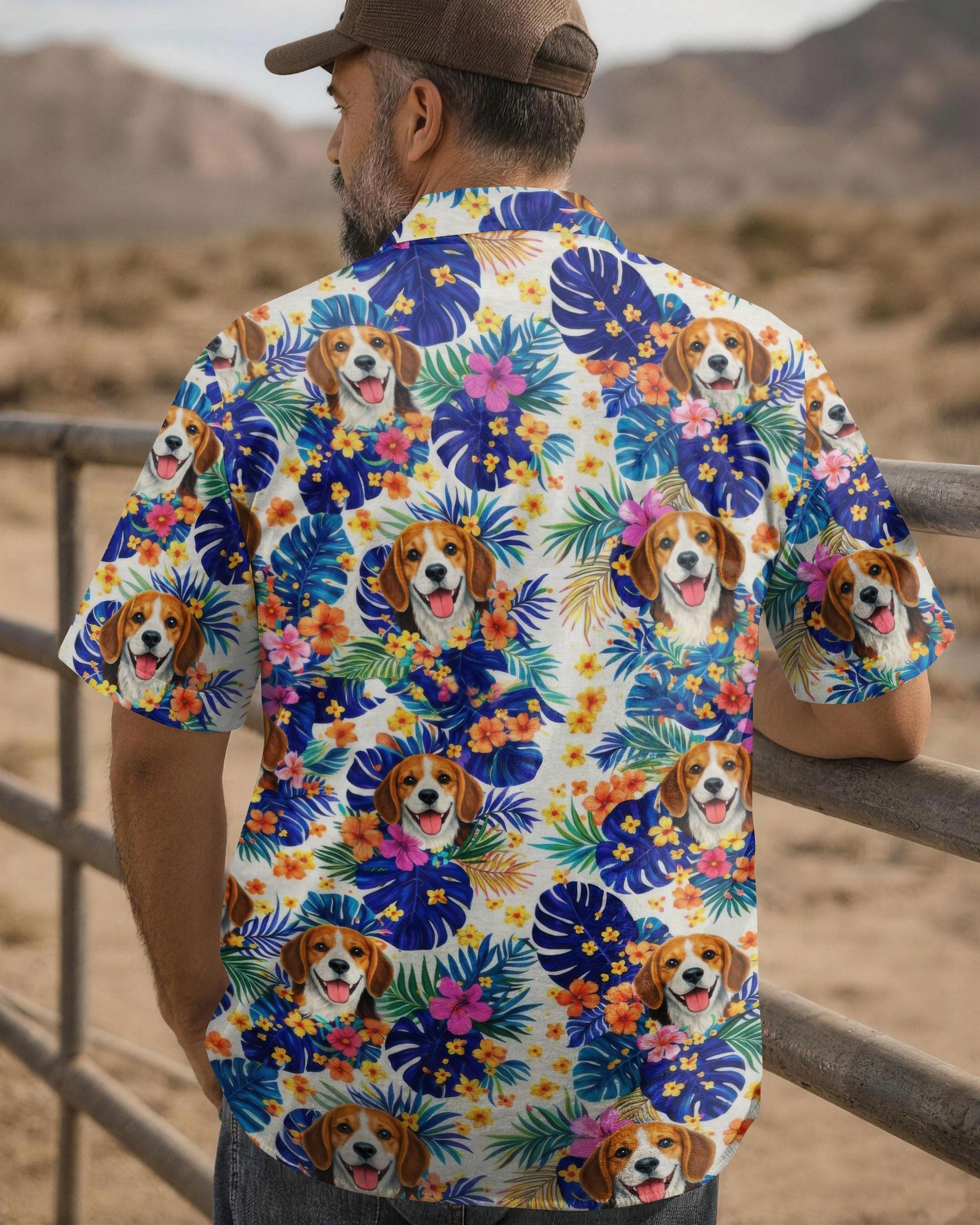 Beagle Tropical Camp Shirt Flat lay of the beagle tropical camp shirt paired with sunglasses and flip-flops, perfect for a summer day.