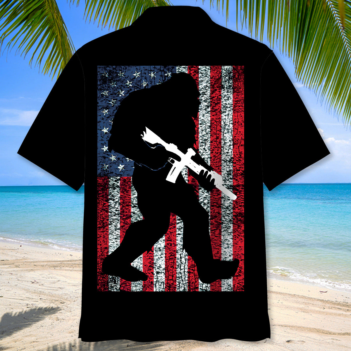 Bigfoot Silhouette American Flag Hawaiian Shirt Lifestyle shot of a person wearing the bigfoot silhouette American flag Hawaiian shirt at a beach party.