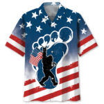 Front view of the bigfoot patriotic Hawaiian shirt featuring a blue base with red stripes and stars.