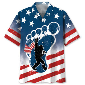 Front view of the bigfoot patriotic Hawaiian shirt featuring a blue base with red stripes and stars.