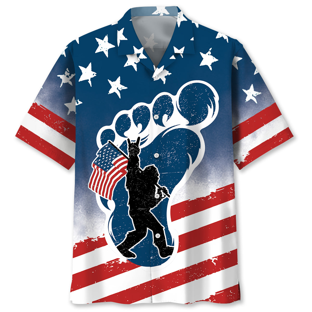 Bigfoot Patriotic Hawaiian Shirt Front view of the bigfoot patriotic Hawaiian shirt featuring a blue base with red stripes and stars.