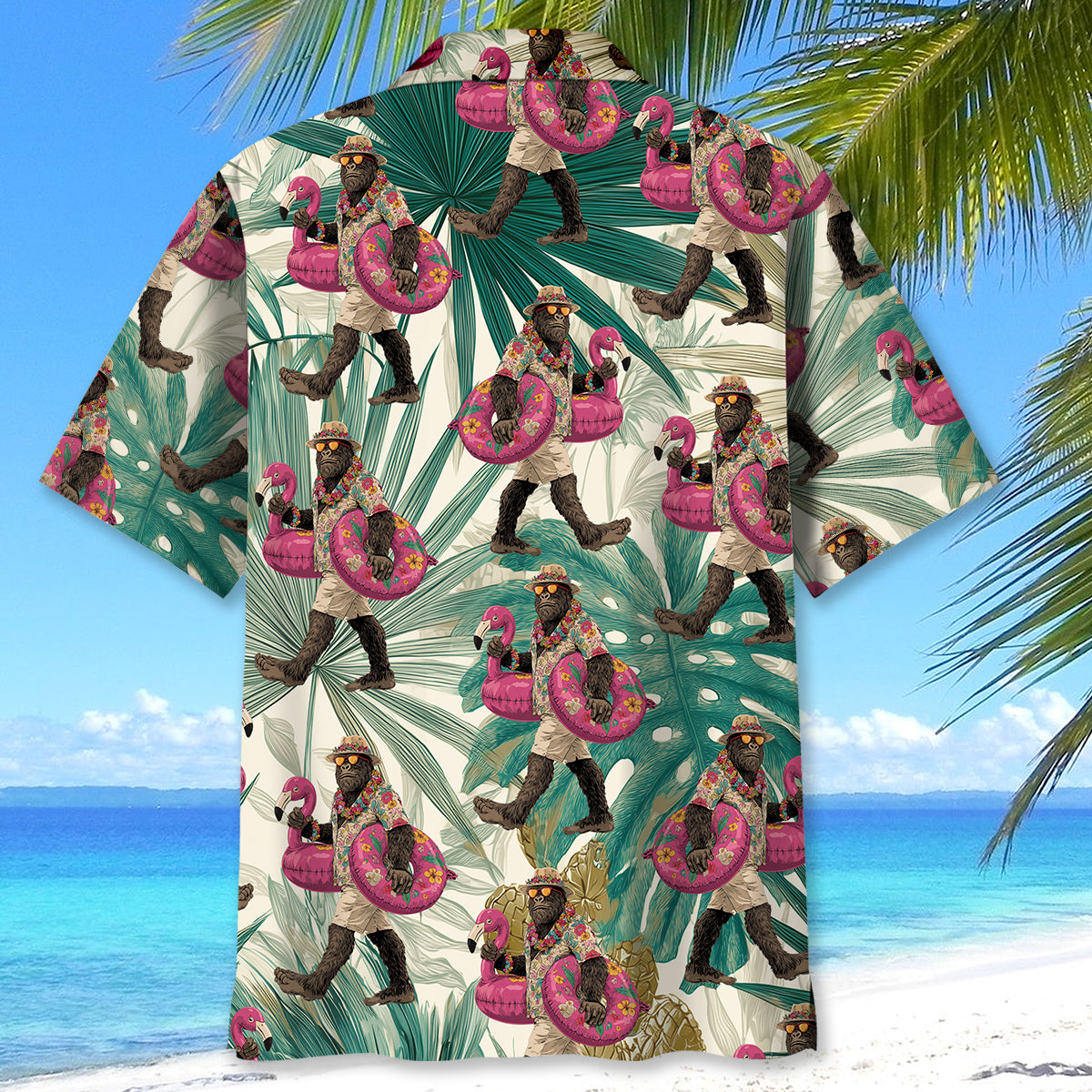 Bigfoot Flamingo Escape Hawaiian Shirt Lifestyle shot of the Bigfoot Flamingo Escape Hawaiian shirt worn at a beach, exuding summer vibes and fun.