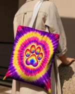 Colorful dog mama paw print swirl tote bag showcased from the back, featuring a vibrant tie-dye pattern.