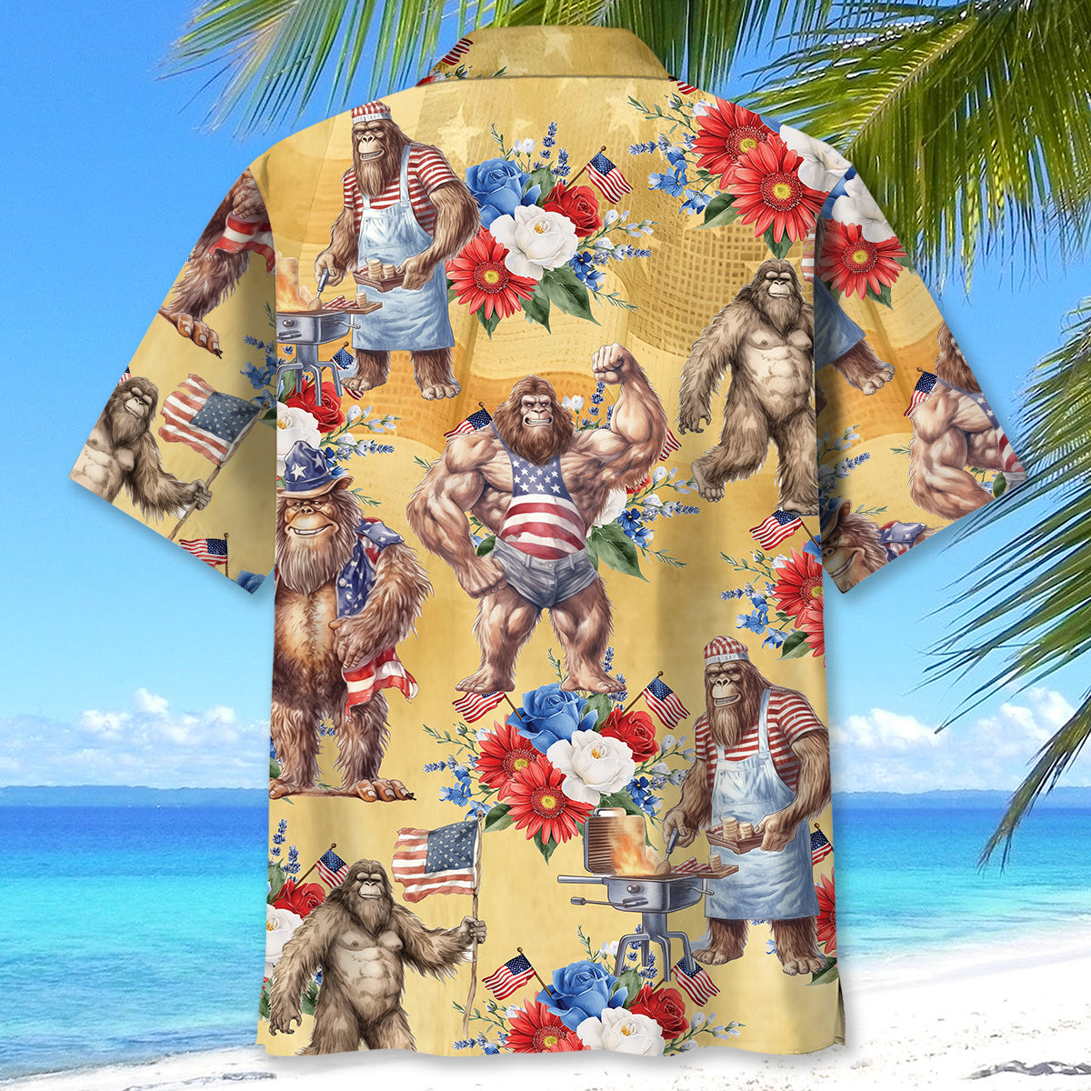 Vintage Bigfoot Patriotic Floral Hawaiian Shirt Close-up of the vintage bigfoot patriotic floral Hawaiian shirt showcasing intricate floral patterns and vibrant colors.