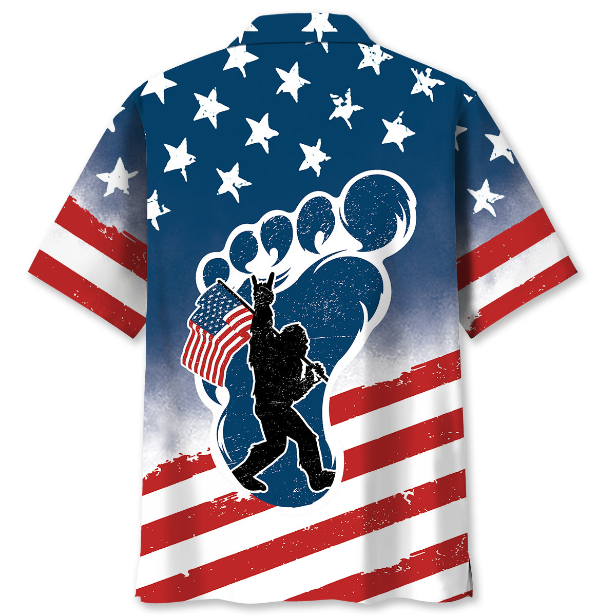Bigfoot Patriotic Hawaiian Shirt Back view of the bigfoot patriotic Hawaiian shirt showcasing the bold design with a large footprint motif.