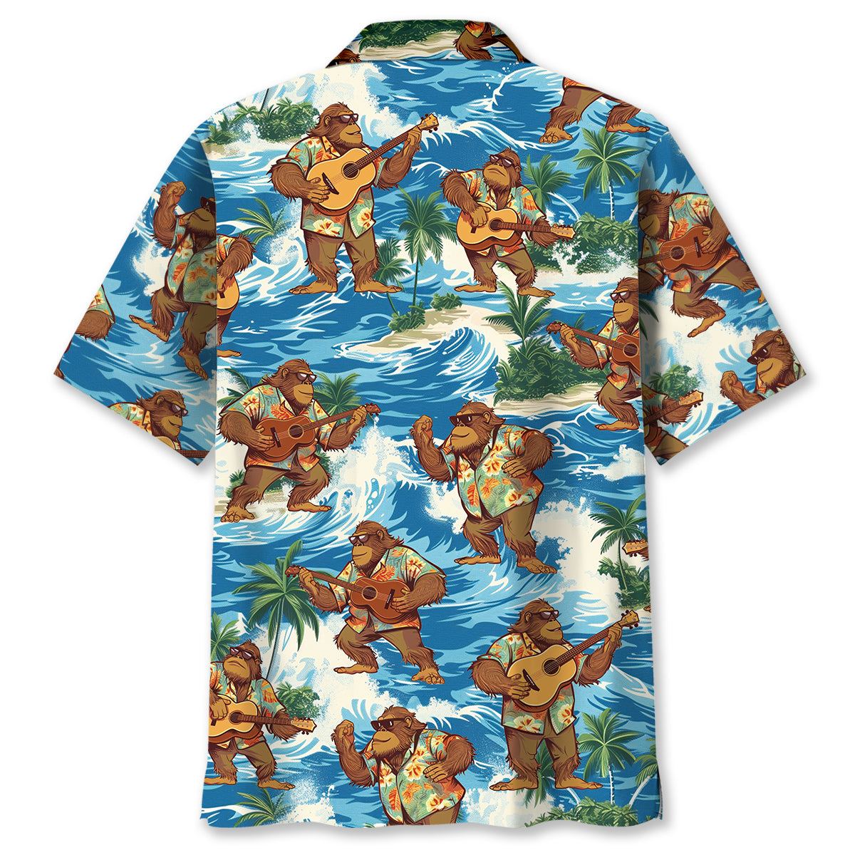 Funny Bigfoot Play Ukulele Hawaiian Shirt Close-up detail of the funny bigfoot play ukulele Hawaiian shirt fabric featuring playful Bigfoot illustrations.