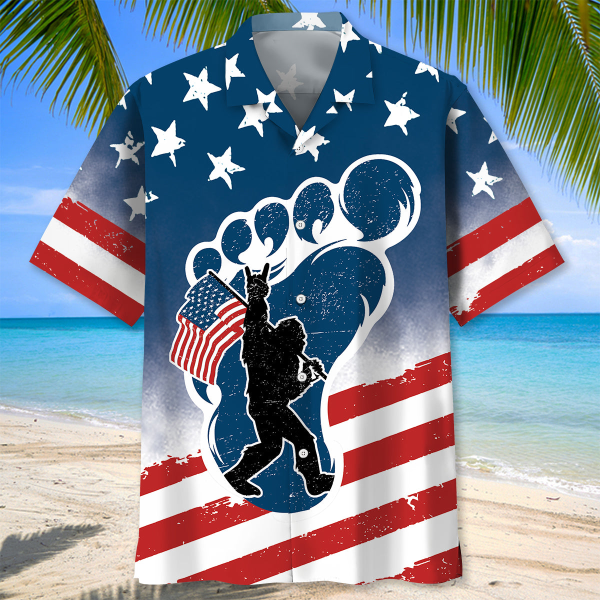 Bigfoot Patriotic Hawaiian Shirt Close-up detail of the bigfoot patriotic Hawaiian shirt highlighting the vibrant colors and unique graphic elements.