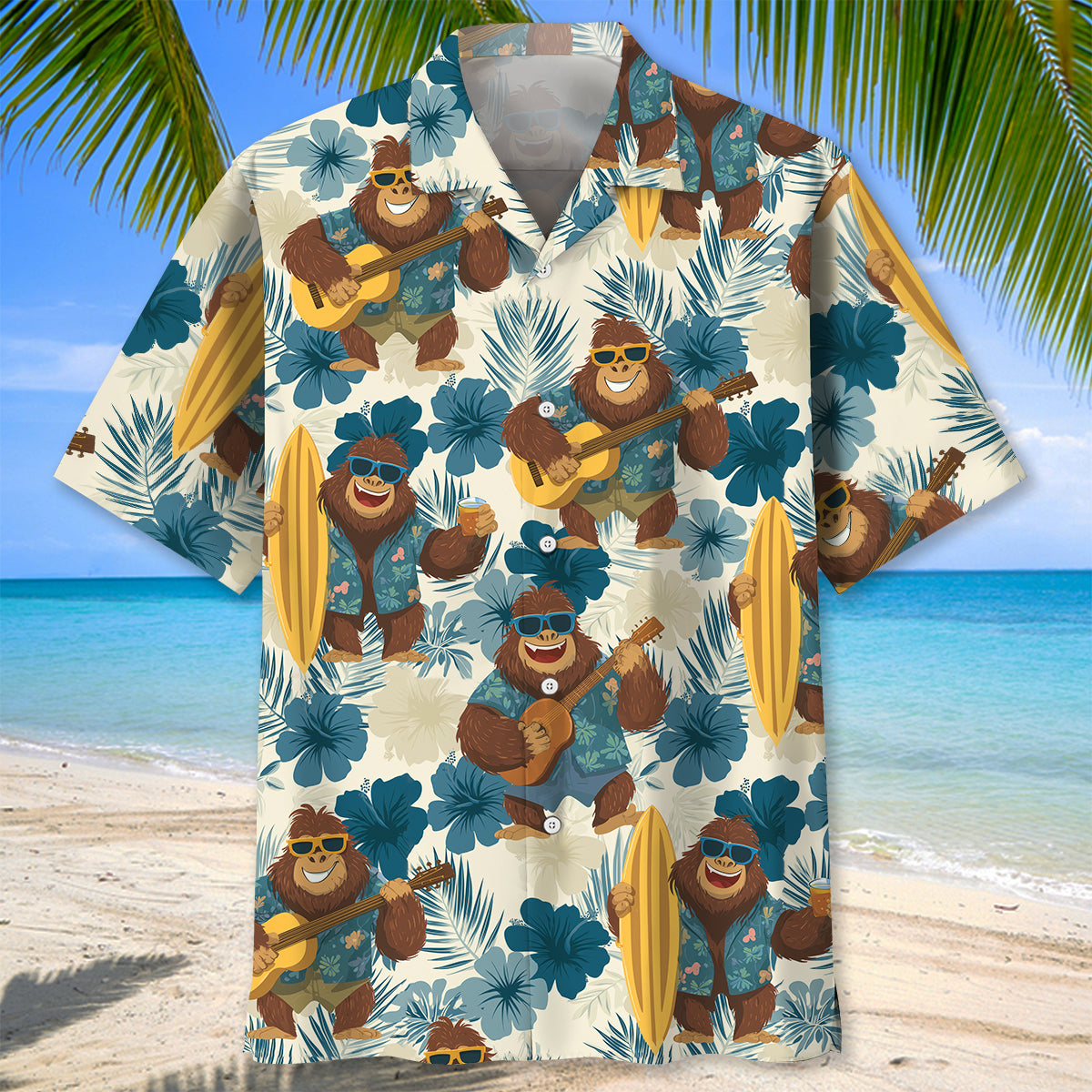 Aloha Bigfoot Holiday Hawaiian Shirt Back view of the Aloha Bigfoot Holiday shirt showcasing its fun tropical pattern and relaxed fit.