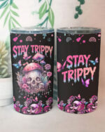 Front view of the Stay Trippy insulated tumbler showcasing vibrant skull and mushroom designs.