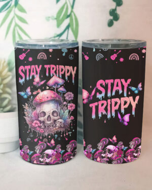 Front view of the Stay Trippy insulated tumbler showcasing vibrant skull and mushroom designs.