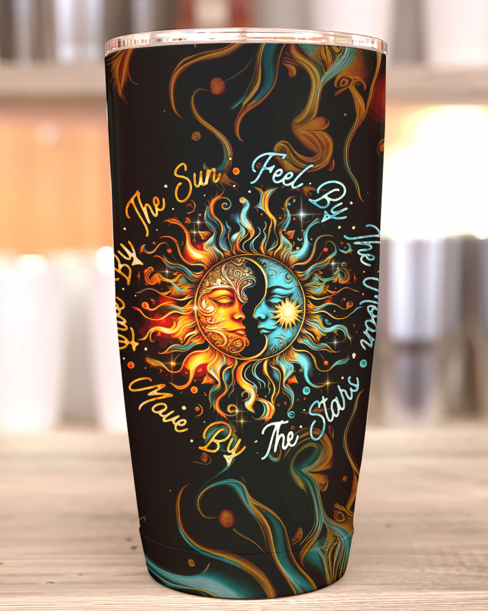 Feel By The Moon Insulated Tumbler | 20oz, 30oz, 40oz Close-up detail of the tumbler's lid and rim, highlighting the 'Feel By the Moon' inscription in elegant script.