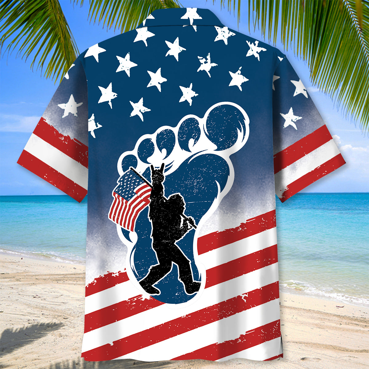 Bigfoot Patriotic Hawaiian Shirt Lifestyle shot of a person wearing the bigfoot patriotic Hawaiian shirt at a summer barbecue, enjoying the outdoors.