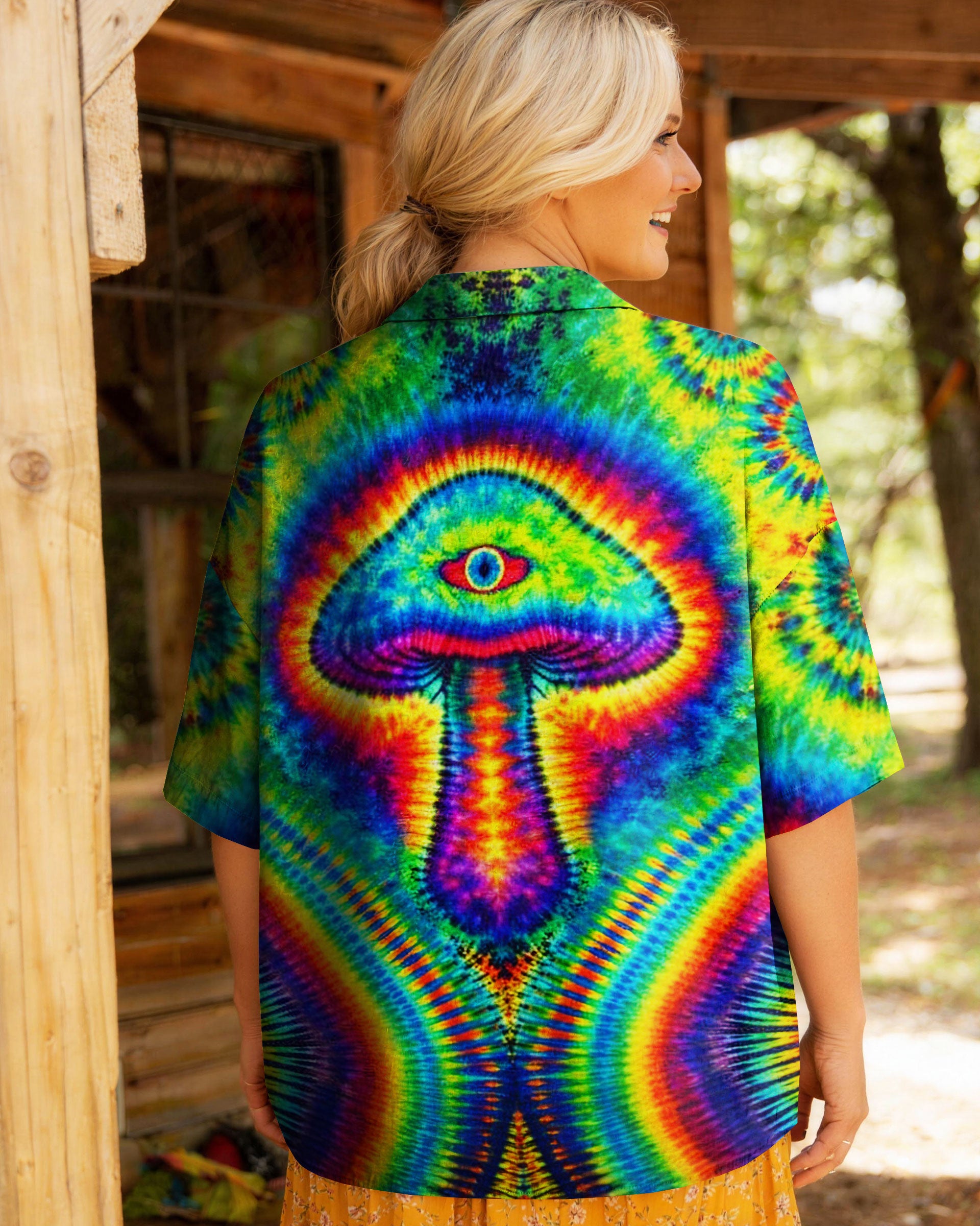 Trippy Mushroom Camp Shirt Side view of the trippy mushroom camp shirt, displaying its relaxed fit and vivid colors.