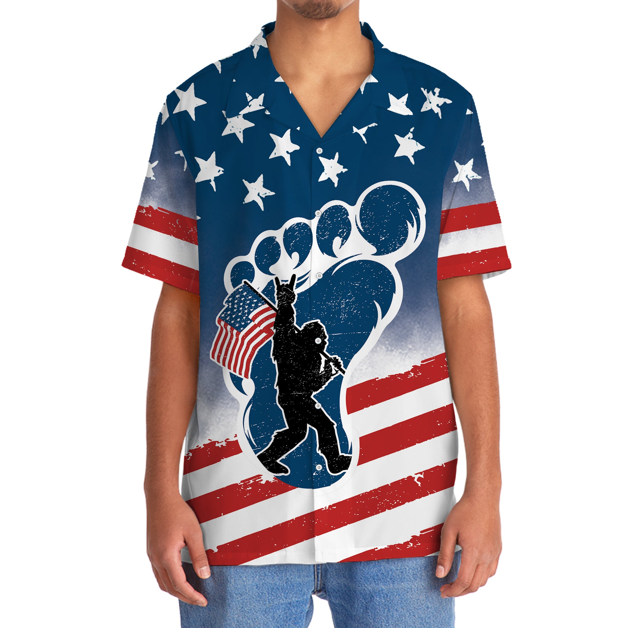Bigfoot Patriotic Hawaiian Shirt Side view of the bigfoot patriotic Hawaiian shirt emphasizing the vibrant red and white stripes along the sleeves.