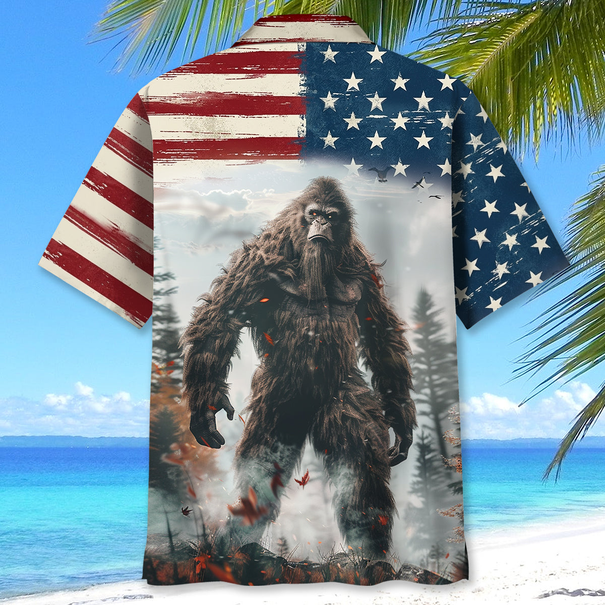 Bigfoot American Wilderness Legend Hawaiian Shirt Lifestyle shot of a person wearing the Bigfoot American Wilderness Legend shirt in a scenic outdoor setting.