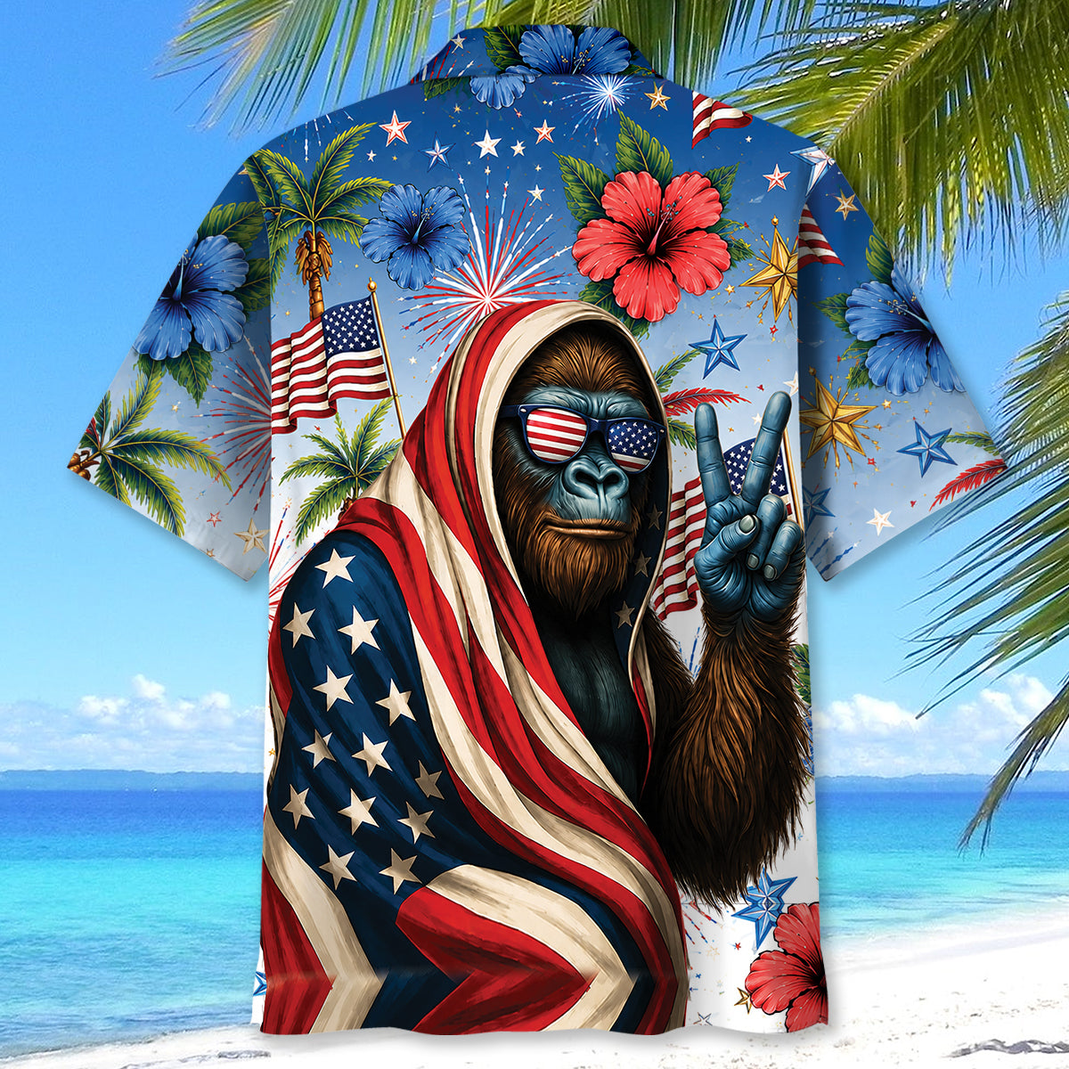 Patriotic Bigfoot 4th of July Hawaiian Shirt Lifestyle shot of a person wearing the patriotic Bigfoot 4th of July shirt at a summer barbecue celebration.