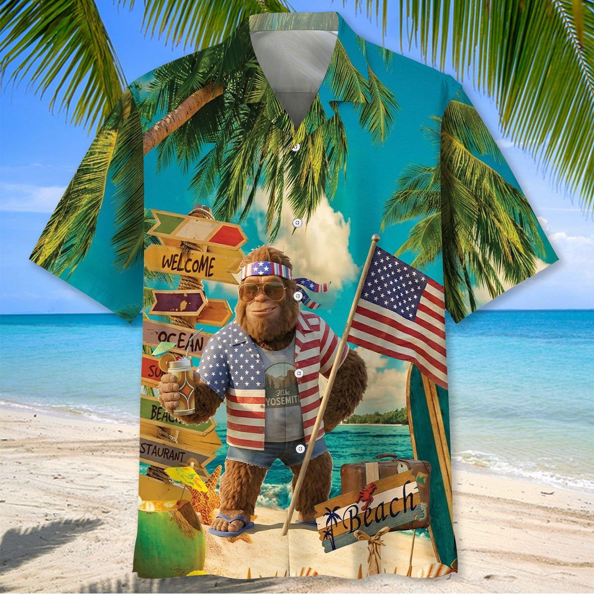 Funny Bigfoot Patriot Tropical Beach Hawaiian Shirt Funny Bigfoot Patriot Tropical Beach Hawaiian Shirt - Image 3
