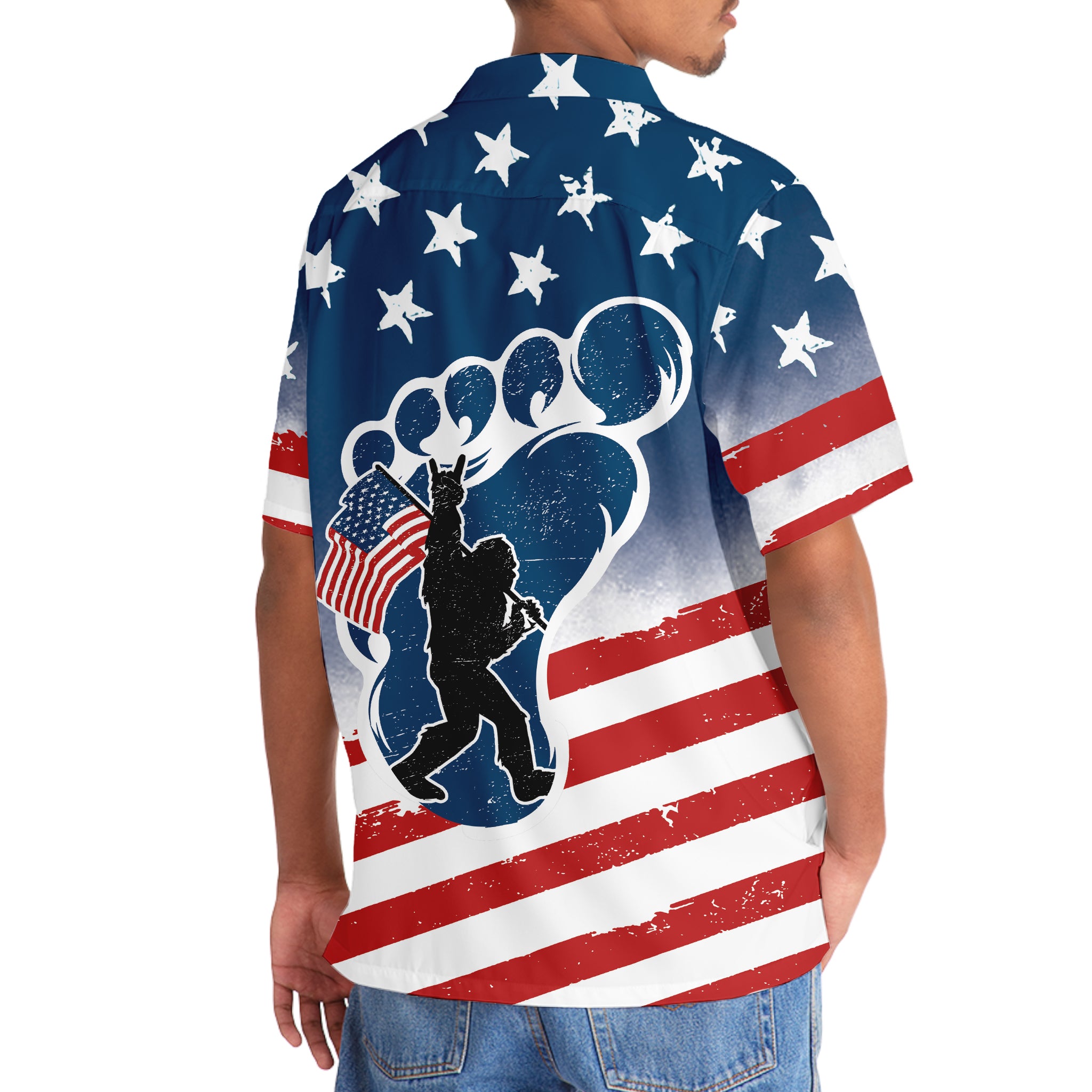 Bigfoot Patriotic Hawaiian Shirt Flat lay of the bigfoot patriotic Hawaiian shirt on a wooden surface, displaying its colorful design and relaxed fit.