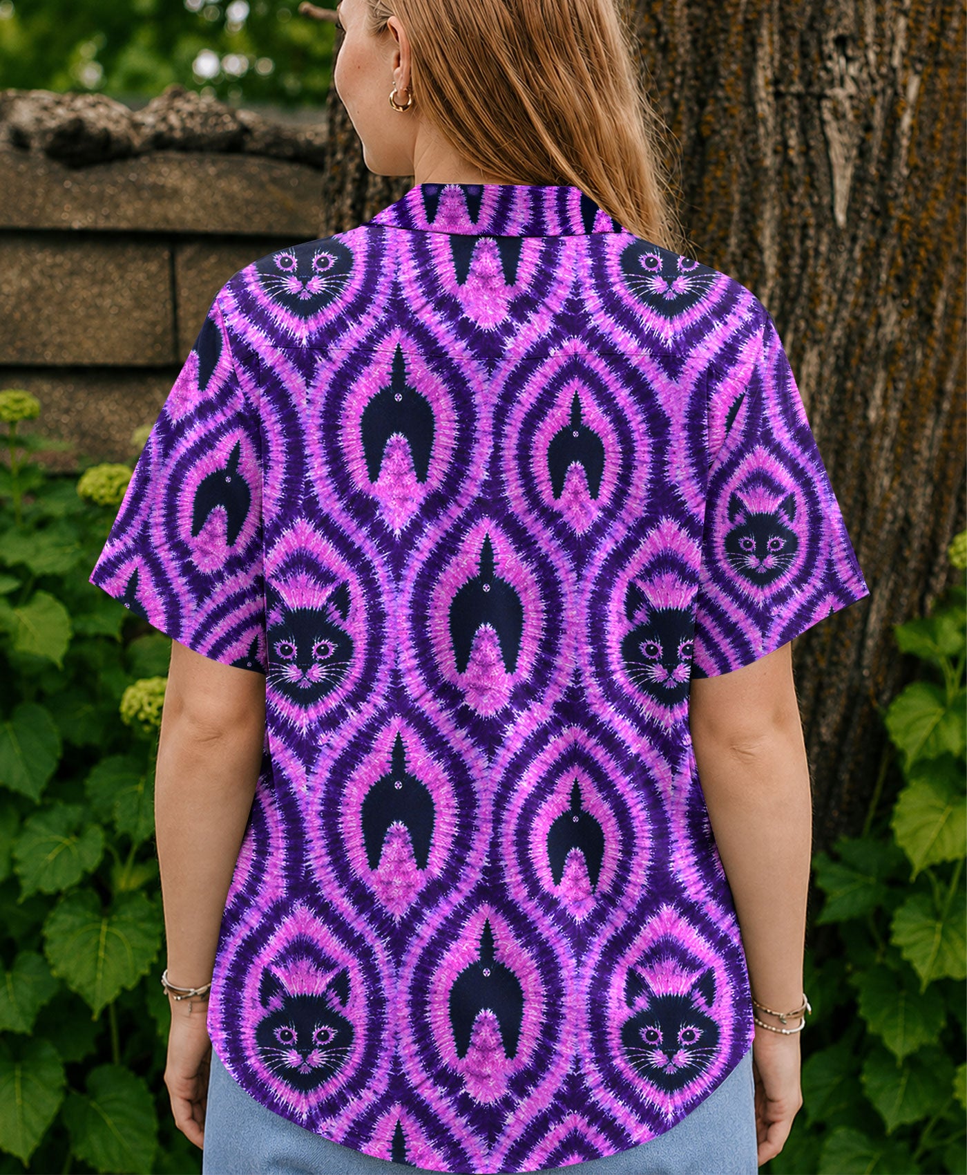 Funny Cat Pattern Button-Down Collar Shirt Flat lay of a funny cat pattern button-down shirt with accessories, featuring the eye-catching purple design.