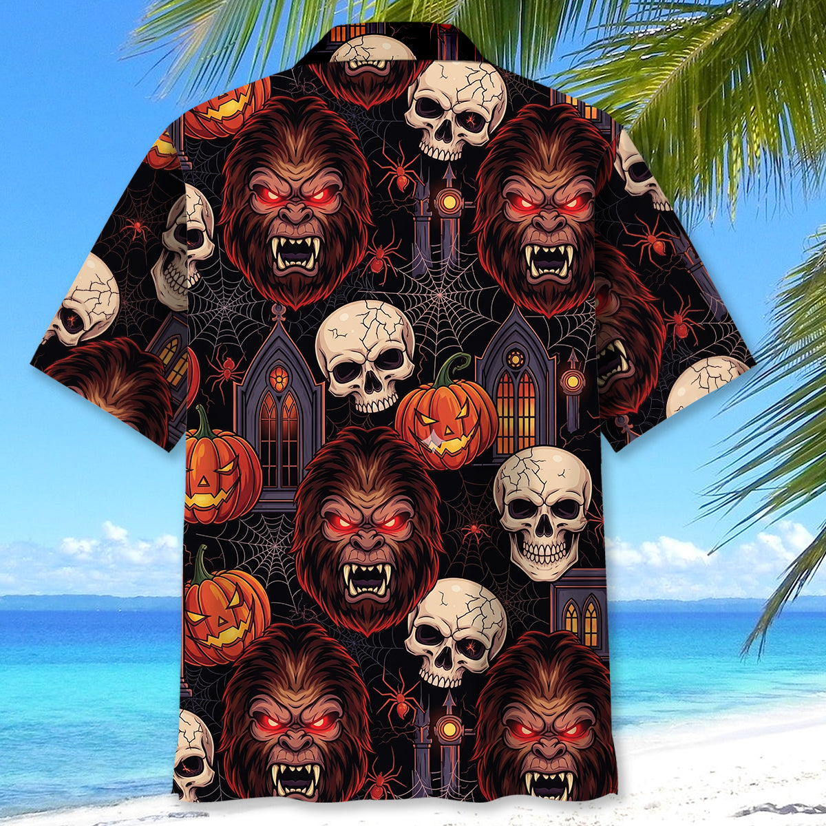 Skull and Sasquatch Horror Mix Hawaiian Shirt Lifestyle shot of a person wearing the skull and sasquatch horror mix Hawaiian shirt at a Halloween party.