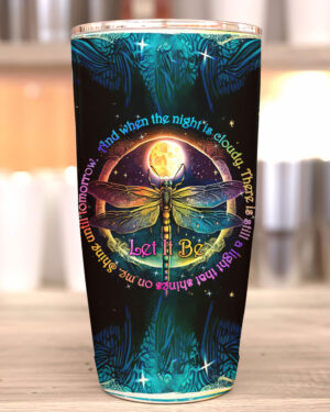 Front view of the Let It Be insulated tumbler showcasing vibrant dragonfly design in deep blue and purple colors.