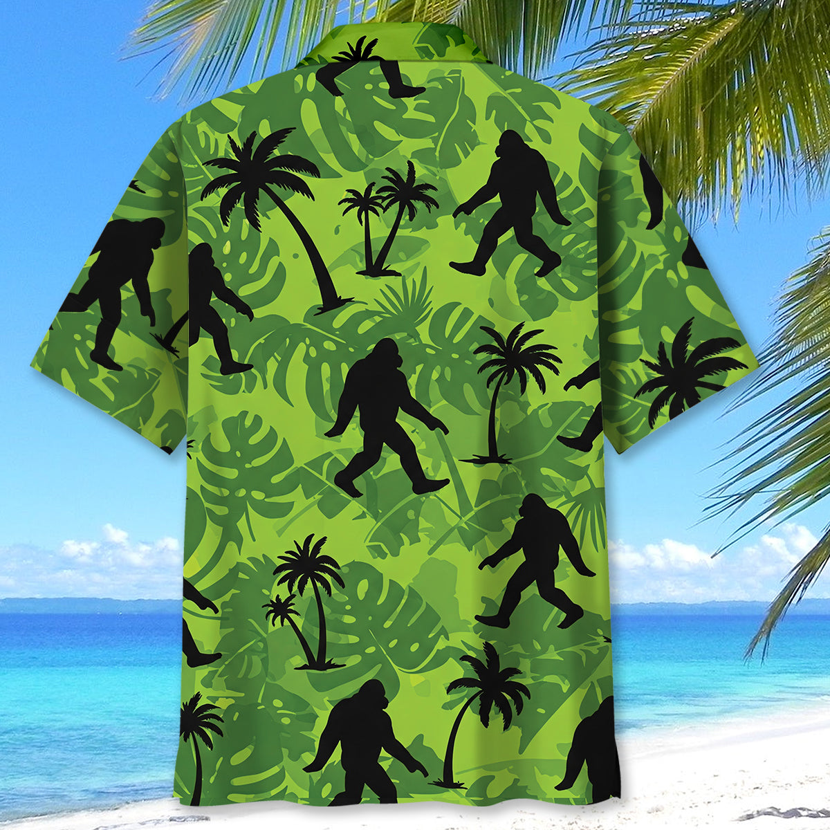 Tropical Bigfoot Hawaiian Shirt Detail shot of the tropical bigfoot Hawaiian shirt highlighting the unique fabric texture and intricate pattern design.