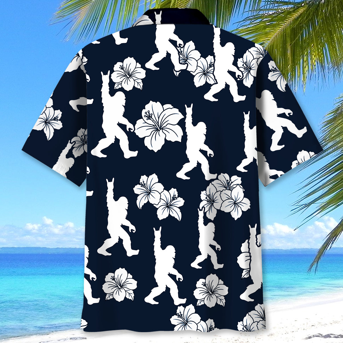 Bigfoot Rock & Roll Hawaiian Shirt Lifestyle shot of the Bigfoot Rock and Roll Hawaiian shirt worn at a beach party, highlighting its vibrant design.
