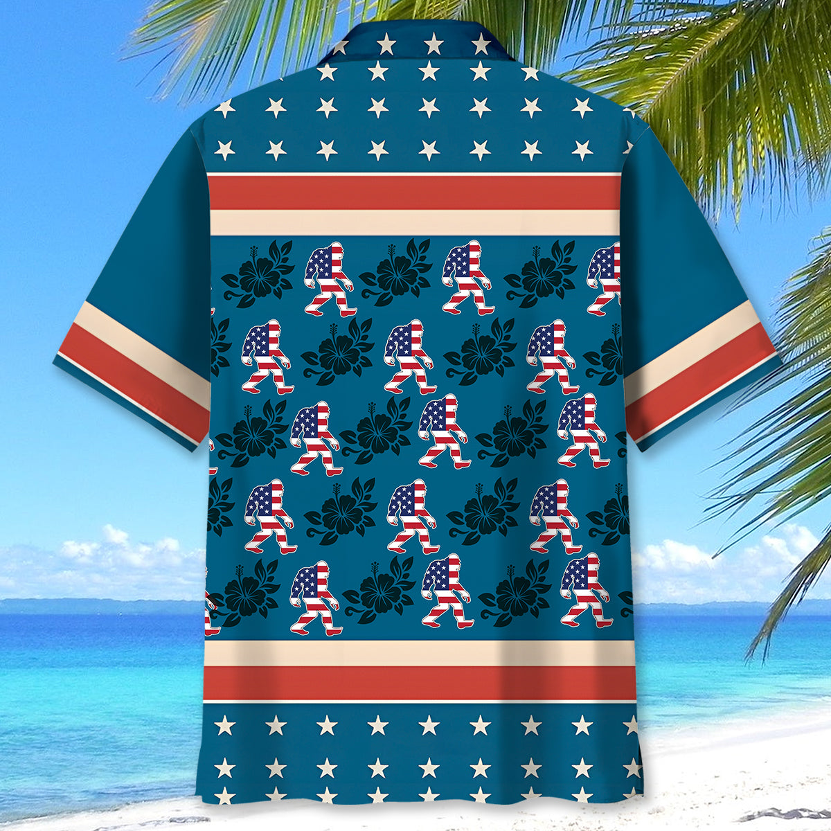 Bigfoot Patriot Hibiscus Hawaiian Shirt Close-up of the Bigfoot Patriot Hibiscus Hawaiian shirt fabric highlighting the intricate print details.