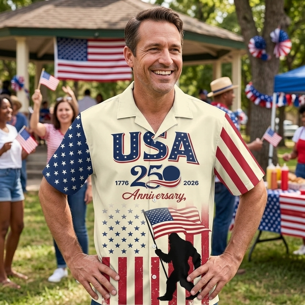 America 250 Anniversary Bigfoot Hawaiian Shirt America 250 Anniversary Bigfoot Hawaiian Shirt - Image 3