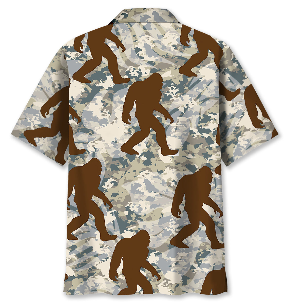 Bigfoot Nature Camouflage Hawaiian Shirt Close-up detail of the bigfoot nature camouflage Hawaiian shirt highlighting the fabric texture and vivid patterns.