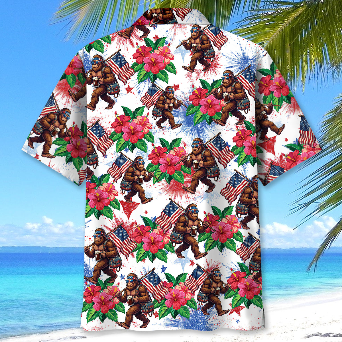 Bigfoot Patriot Tropical Hawaiian Shirt Lifestyle shot featuring the Bigfoot Patriot Tropical Hawaiian Shirt worn at a summer barbecue event.