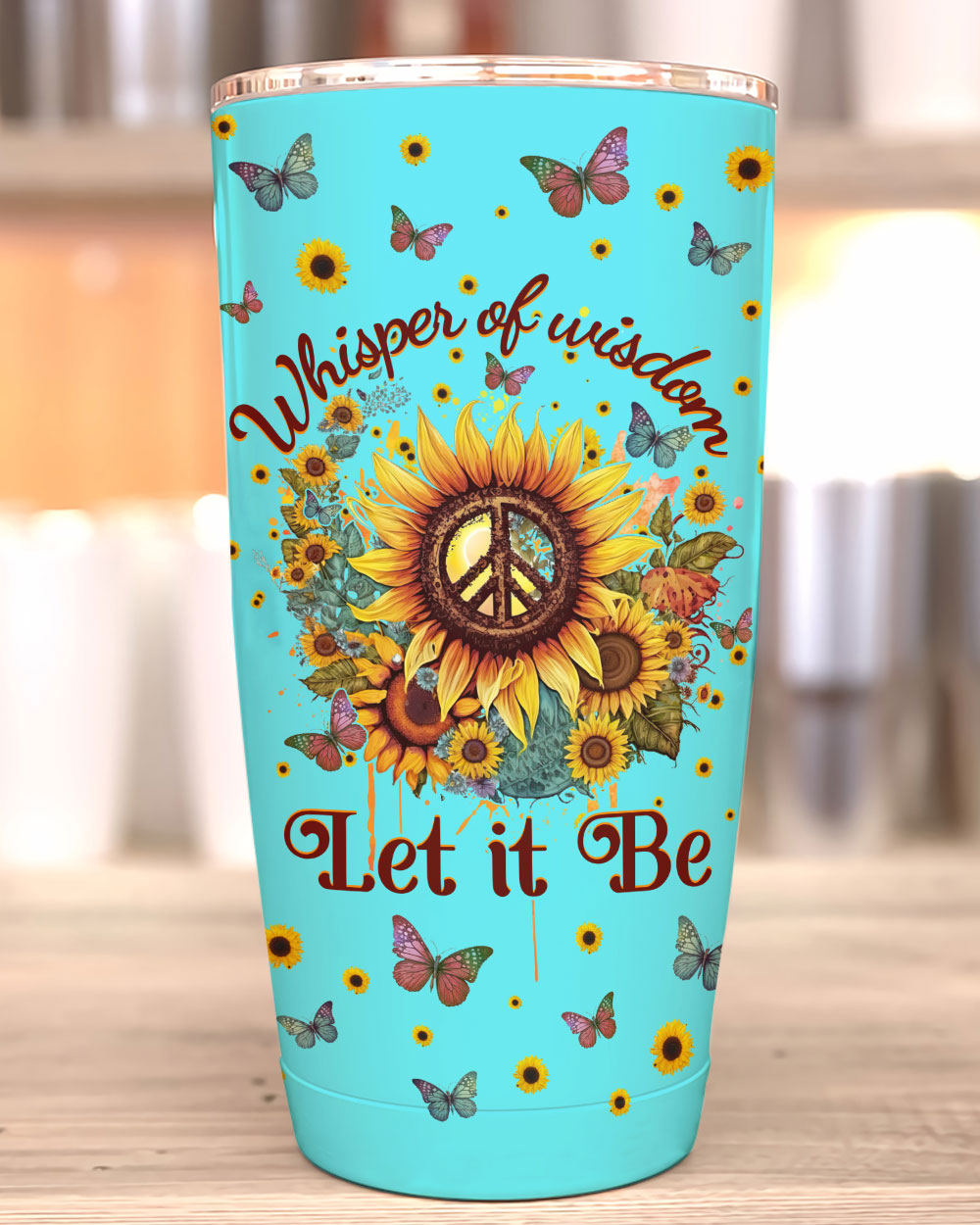 Whisper of Wisdom Sunflower Insulated Tumbler Back view of the Whisper of Wisdom sunflower tumbler displaying the full floral pattern and bright blue finish.
