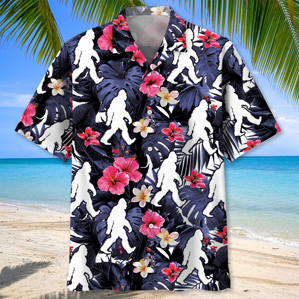 Tropical Bigfoot Walking Hawaiian Shirt Back view of the tropical bigfoot walking Hawaiian shirt showcasing the unique bigfoot design among lush leaves.