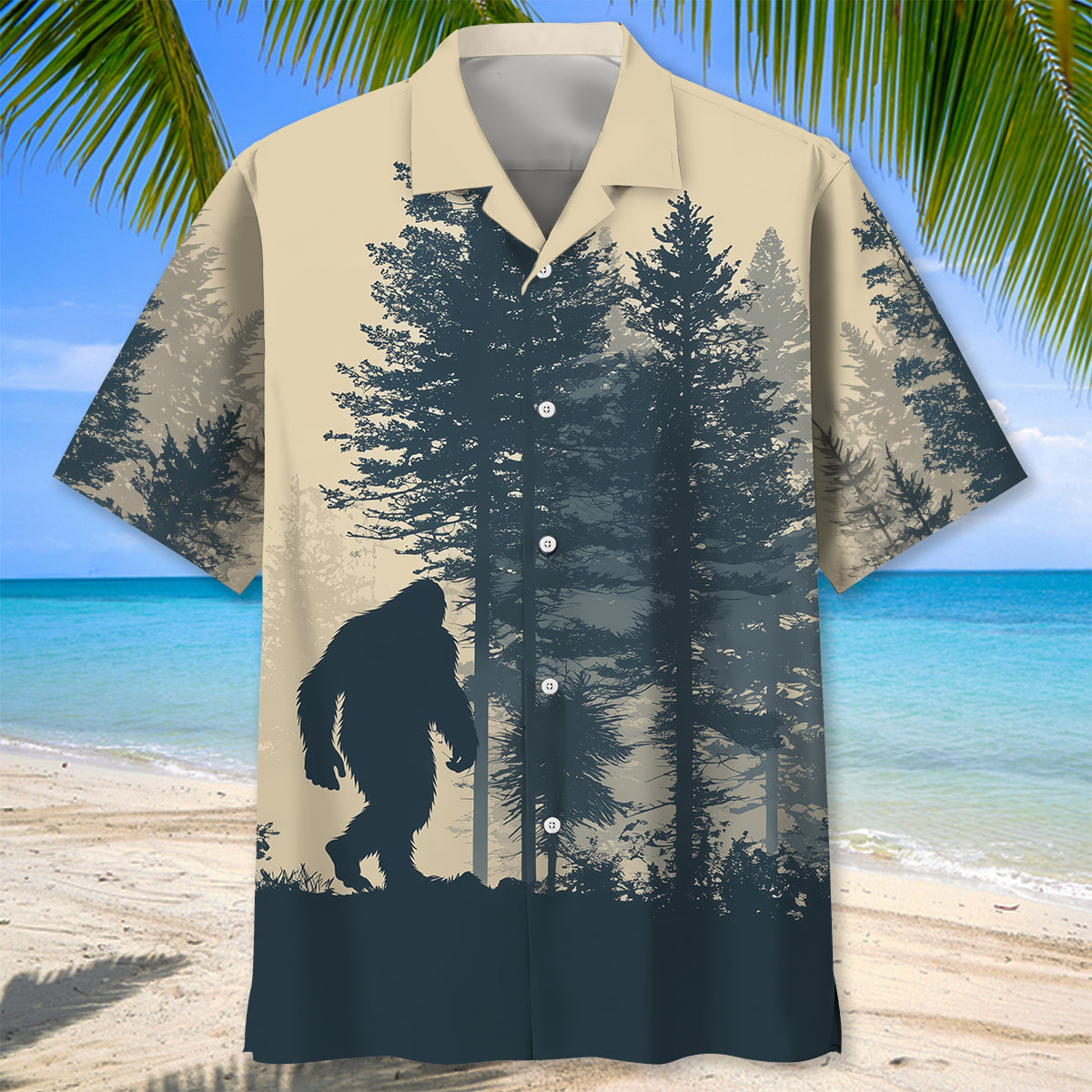 Bigfoot Hide and Seek Hawaiian Shirt Back view of the Bigfoot Hide and Seek Hawaiian shirt showcasing the unique forest design and button details.