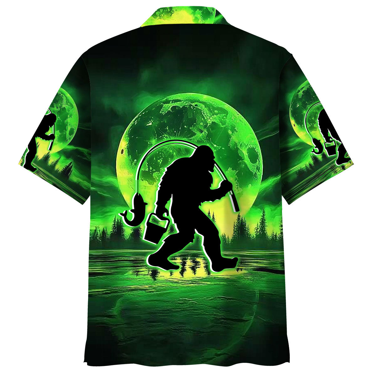 Bigfoot Fishing Night Hawaiian Shirt Lifestyle shot of the Bigfoot fishing night Hawaiian shirt worn outdoors, perfect for summer fishing adventures.