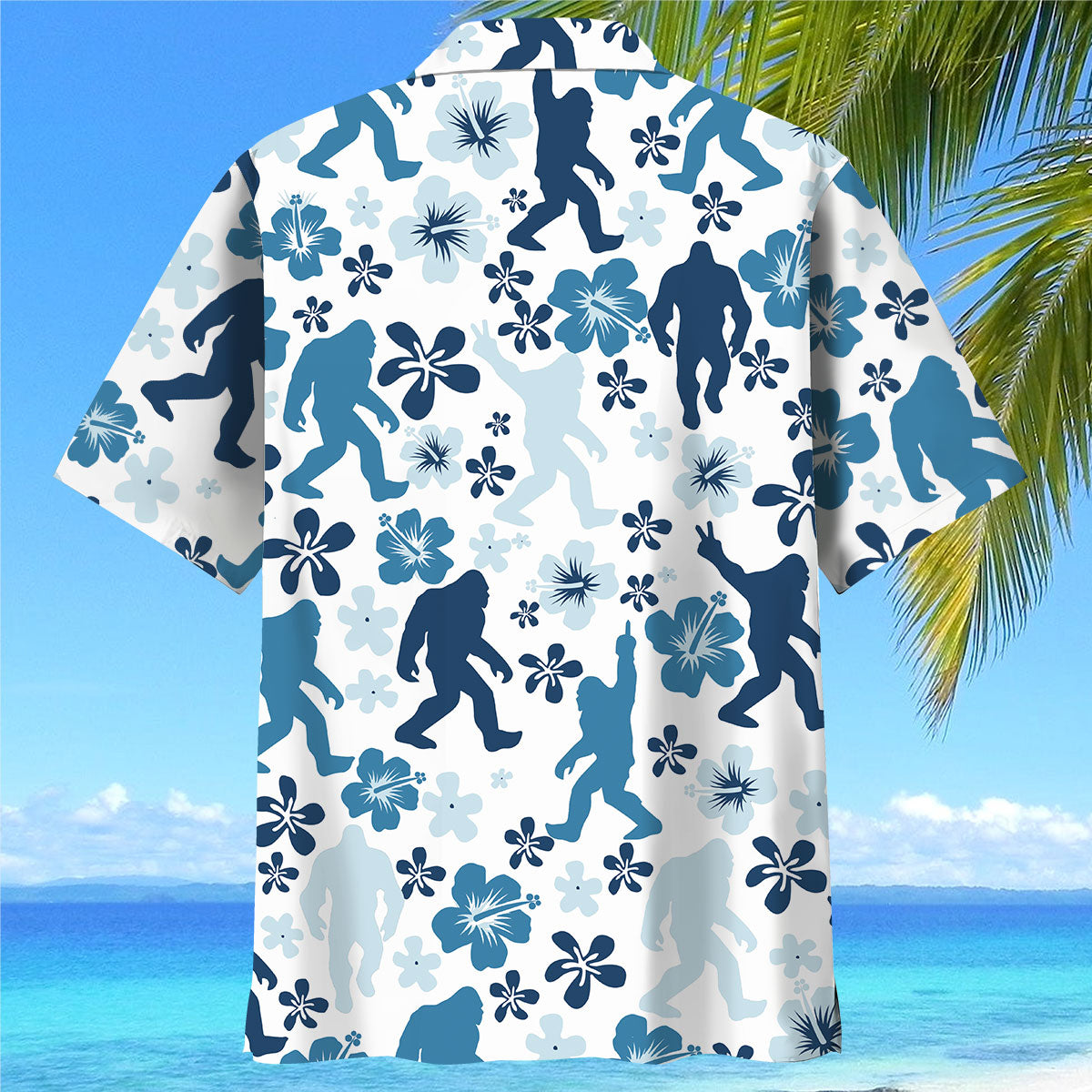 Bigfoot Hibiscus Blue Hawaiian Shirt Lifestyle shot of a model wearing the funny Bigfoot hibiscus blue Hawaiian shirt at a beach party.