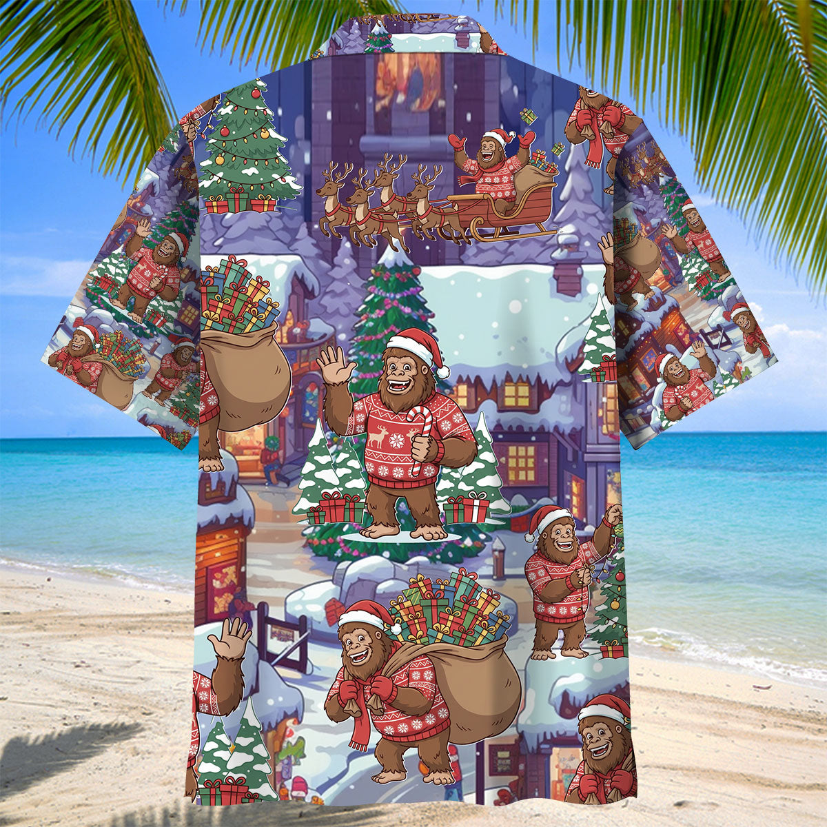 Bigfoot Celebrate Xmas Hawaiian Shirt Back angle of the bigfoot celebrate xmas hawaiian shirt showcasing playful characters in a winter wonderland scene.