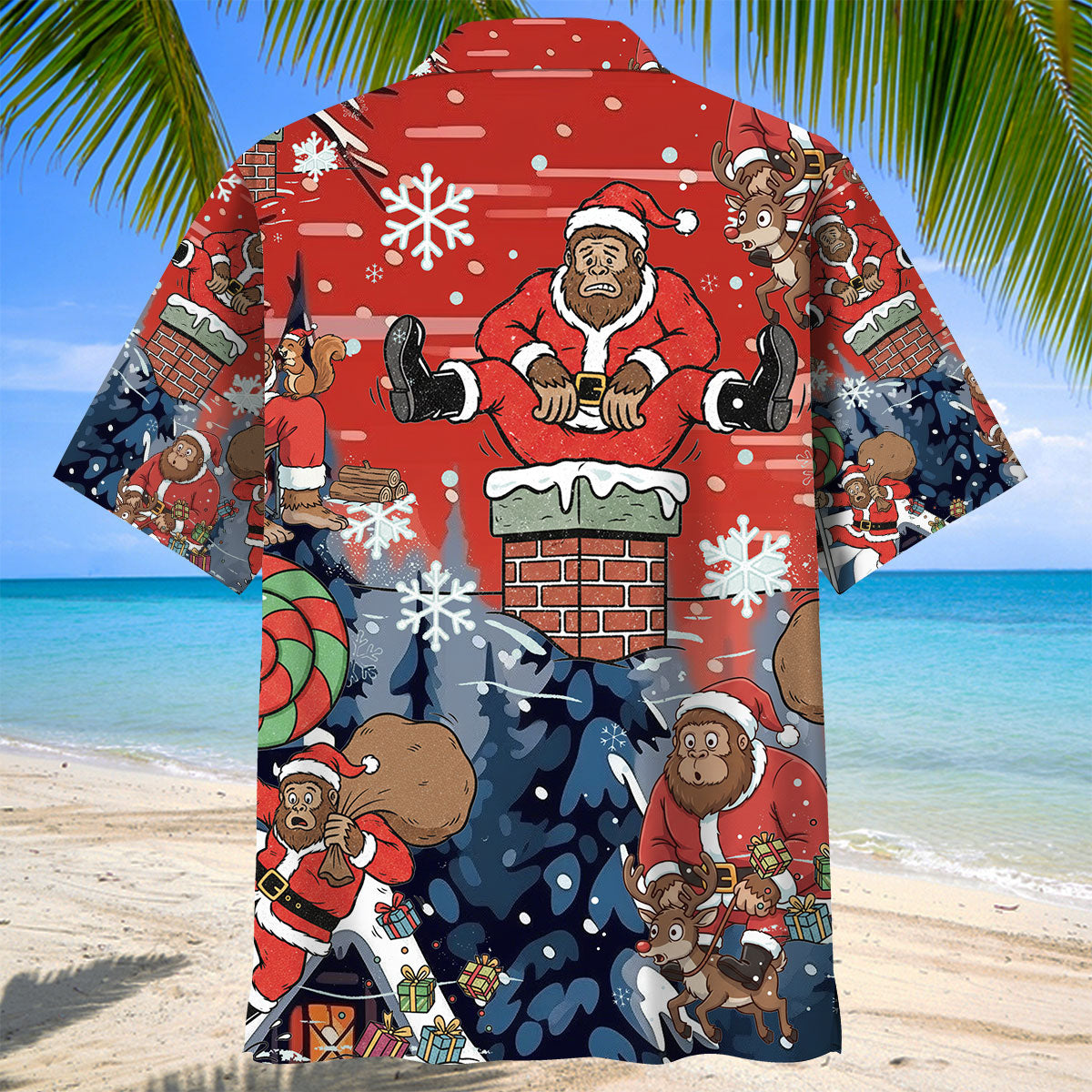 Bigfoot Santa Funny Hawaiian Shirt Lifestyle shot of a person wearing the Bigfoot Santa funny Hawaiian shirt at a holiday party, exuding festive cheer.