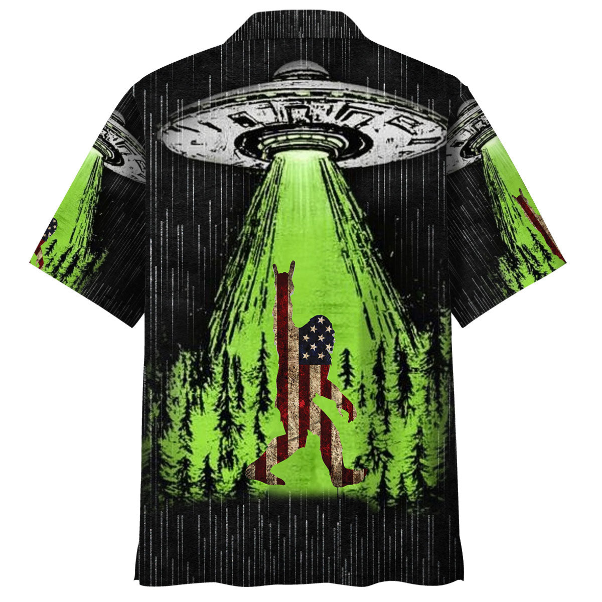 Sasquatch and UFO Abduction Hawaiian Shirt Detailed close-up of the sasquatch and ufo abduction Hawaiian shirt's buttons and fabric texture.