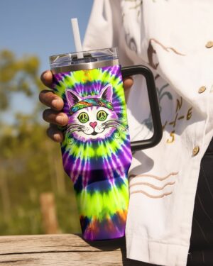 Front view of the purple green swirl cat tumbler showcasing vibrant tie-dye design and playful cat illustration.