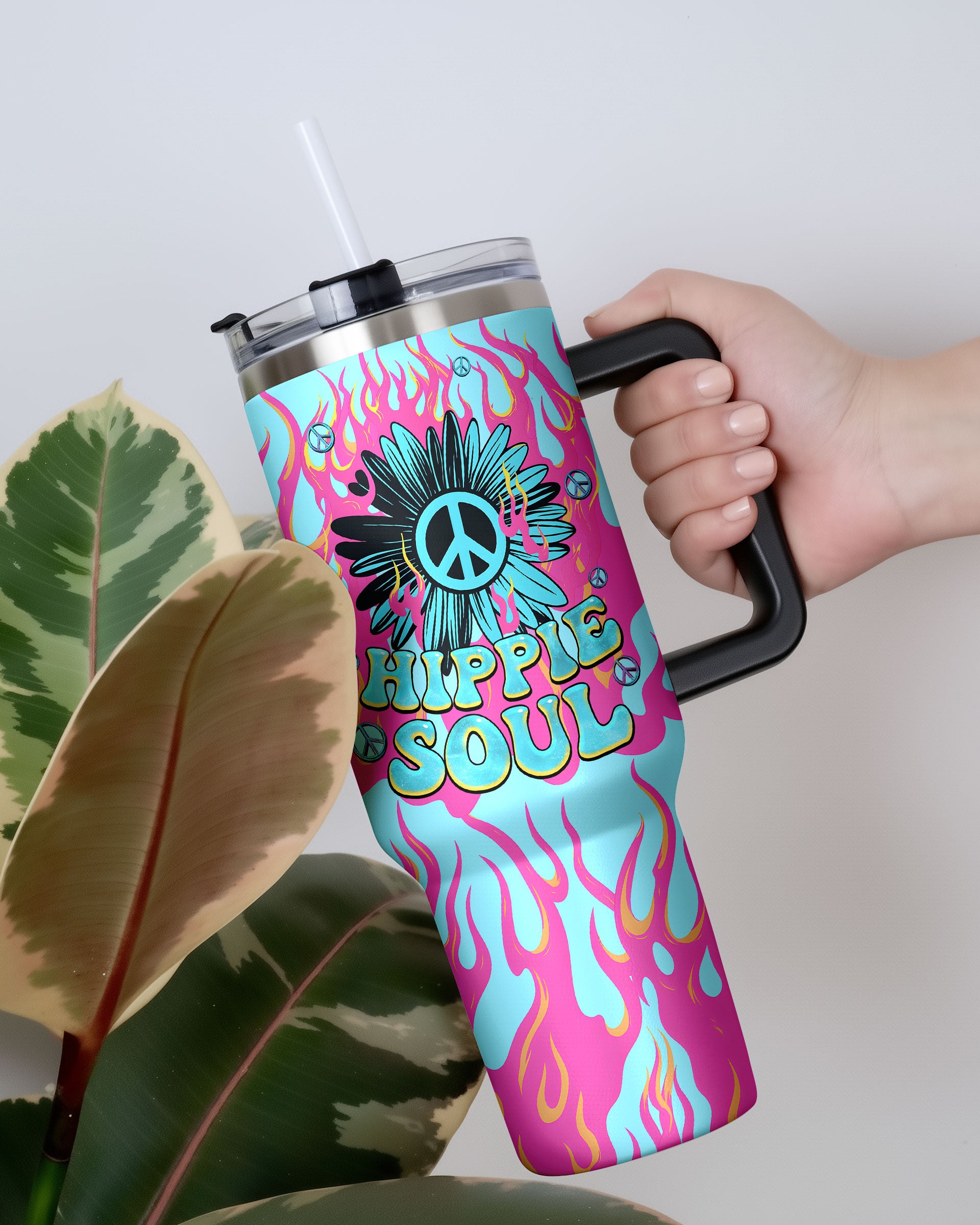 Hippie Soul Flower Tumbler | Vibrant Peace Sign Design Close-up of hippie soul flower tumbler showcasing vivid flames and intricate artwork on a sunny day outdoors.