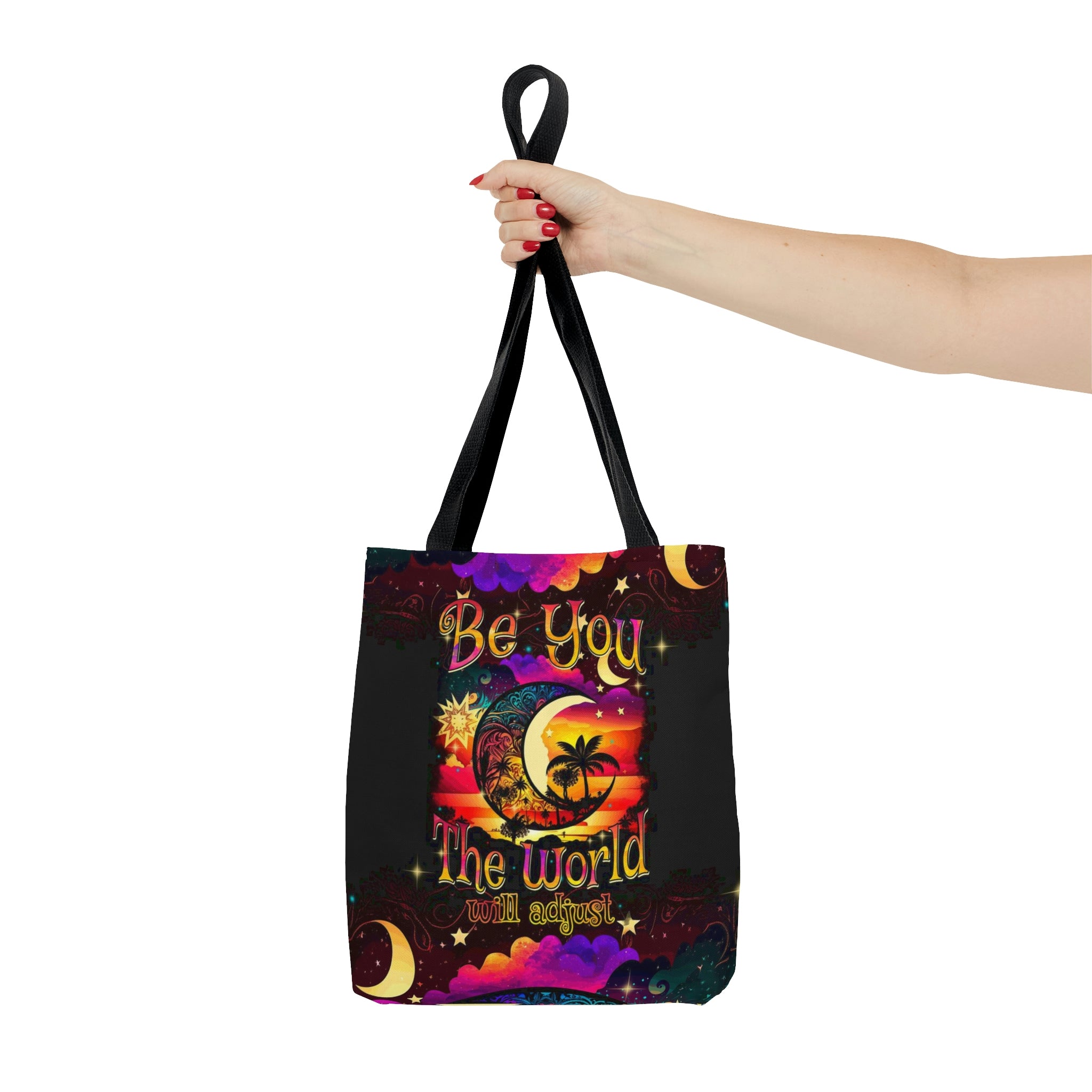 Be You The World Will Adjust Tote Bag Lifestyle shot of the BE YOU THE WORLD WILL ADJUST TOTE BAG being carried, perfect for everyday use.