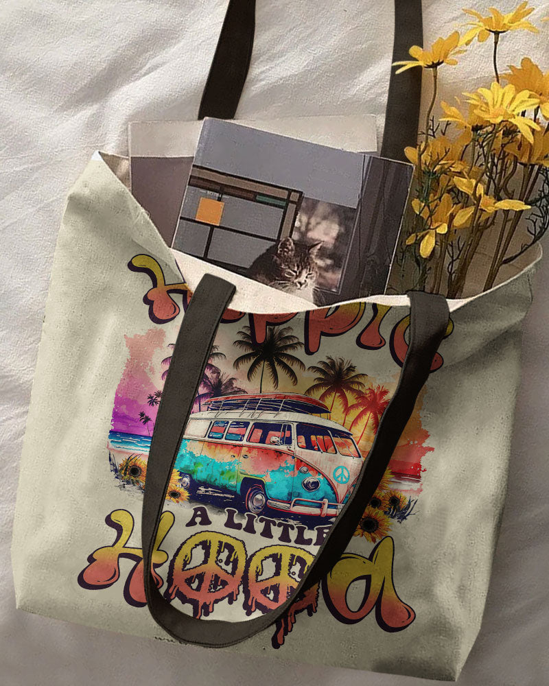 A Little Hippie A Little Hood Tote Bag Front view of the a little hippie a little hood tote bag featuring a colorful VW bus and floral designs.