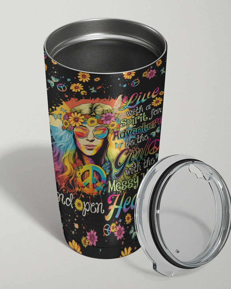 Live with a Spirit Tie Dye Insulated Tumbler Back view of the live with a spirit tumbler displaying its unique tie-dye design and bold text in bright colors.