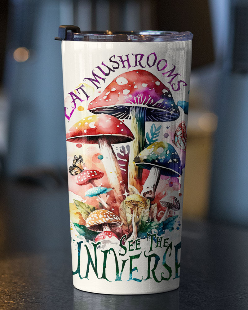 Eat Mushrooms See the Universe Insulated Tumbler Close-up detail of the colorful mushrooms on the Eat Mushrooms See the Universe tumbler highlighting artistic elements.