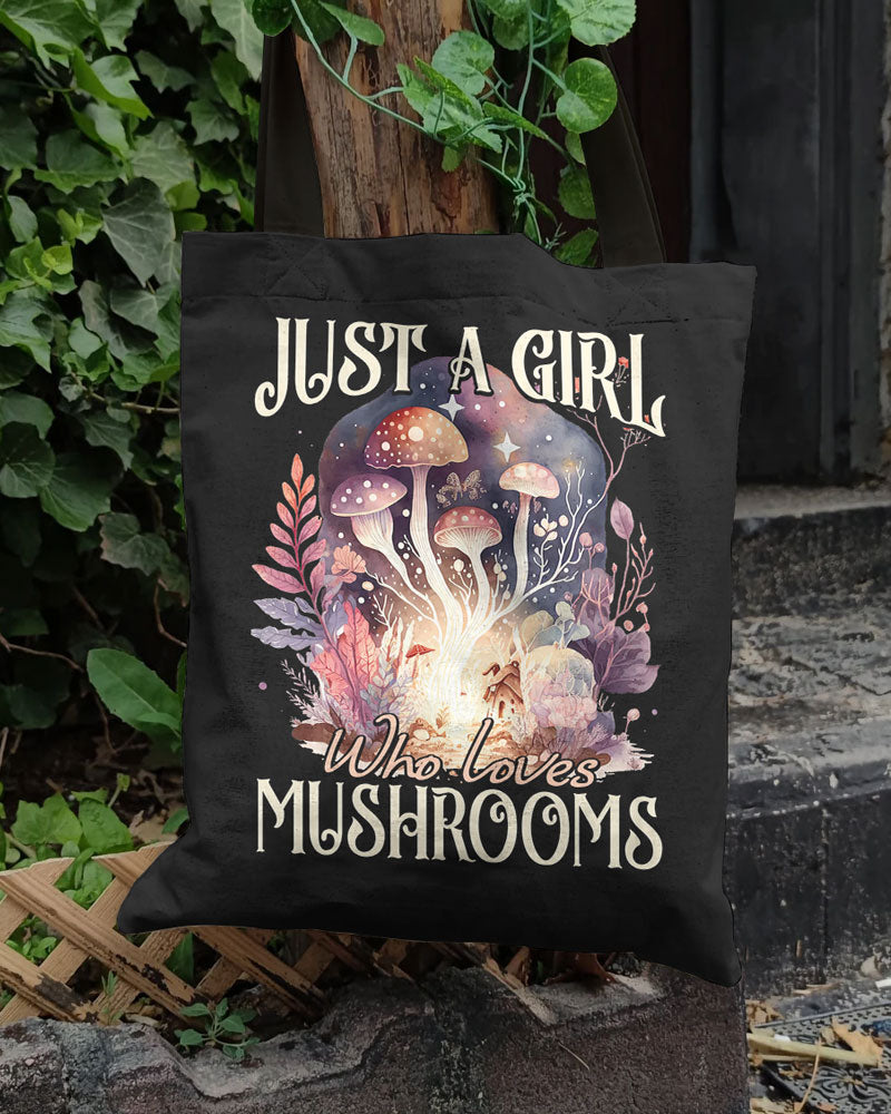 Just A Girl Who Loves Mushrooms Tote Bag Back of the tote bag showcasing the elegant black fabric and sturdy straps, perfect for daily use.